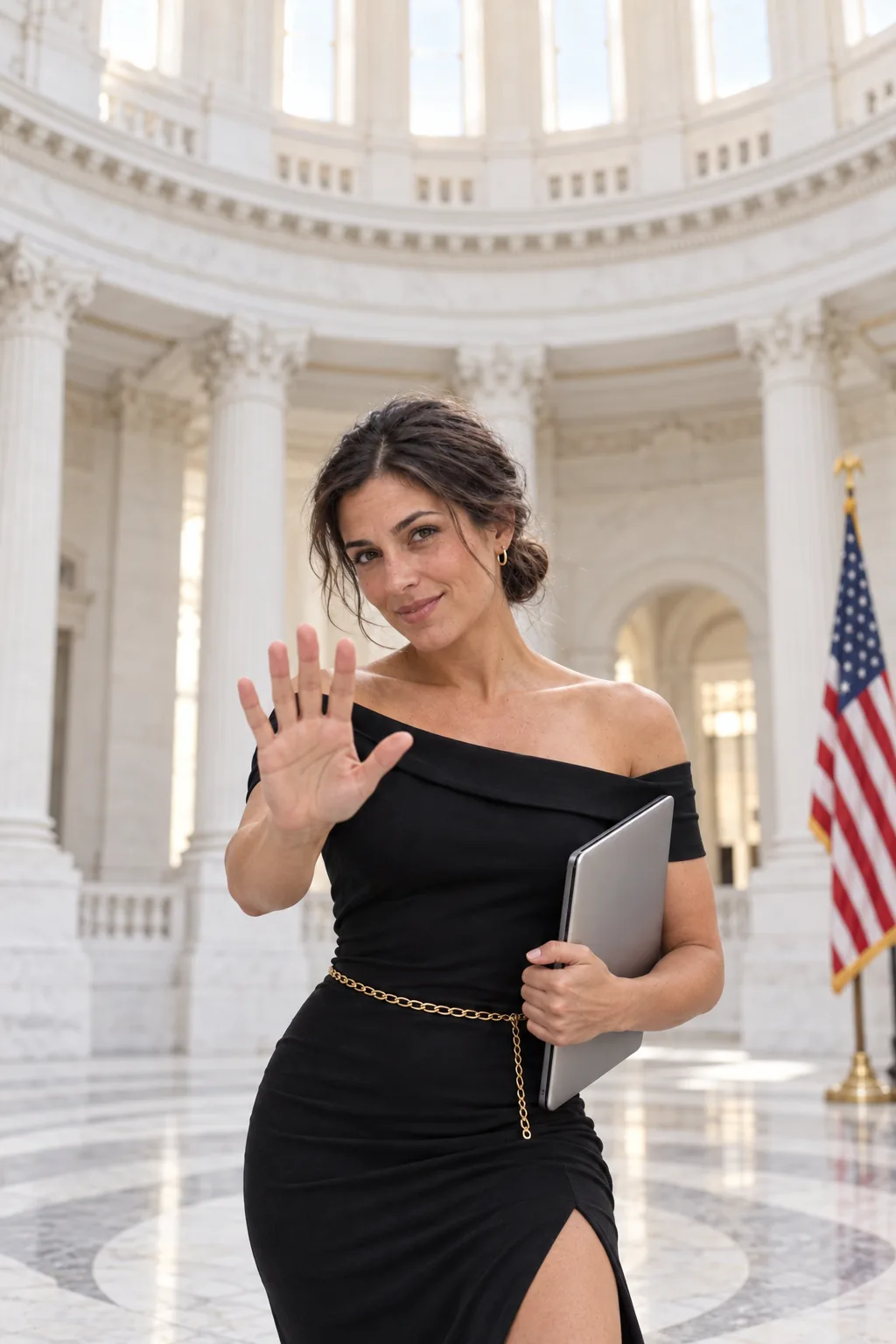 Campaign ad: the GCD web mascot holding up a hand with a laptop under her arm inside a marble rotunda