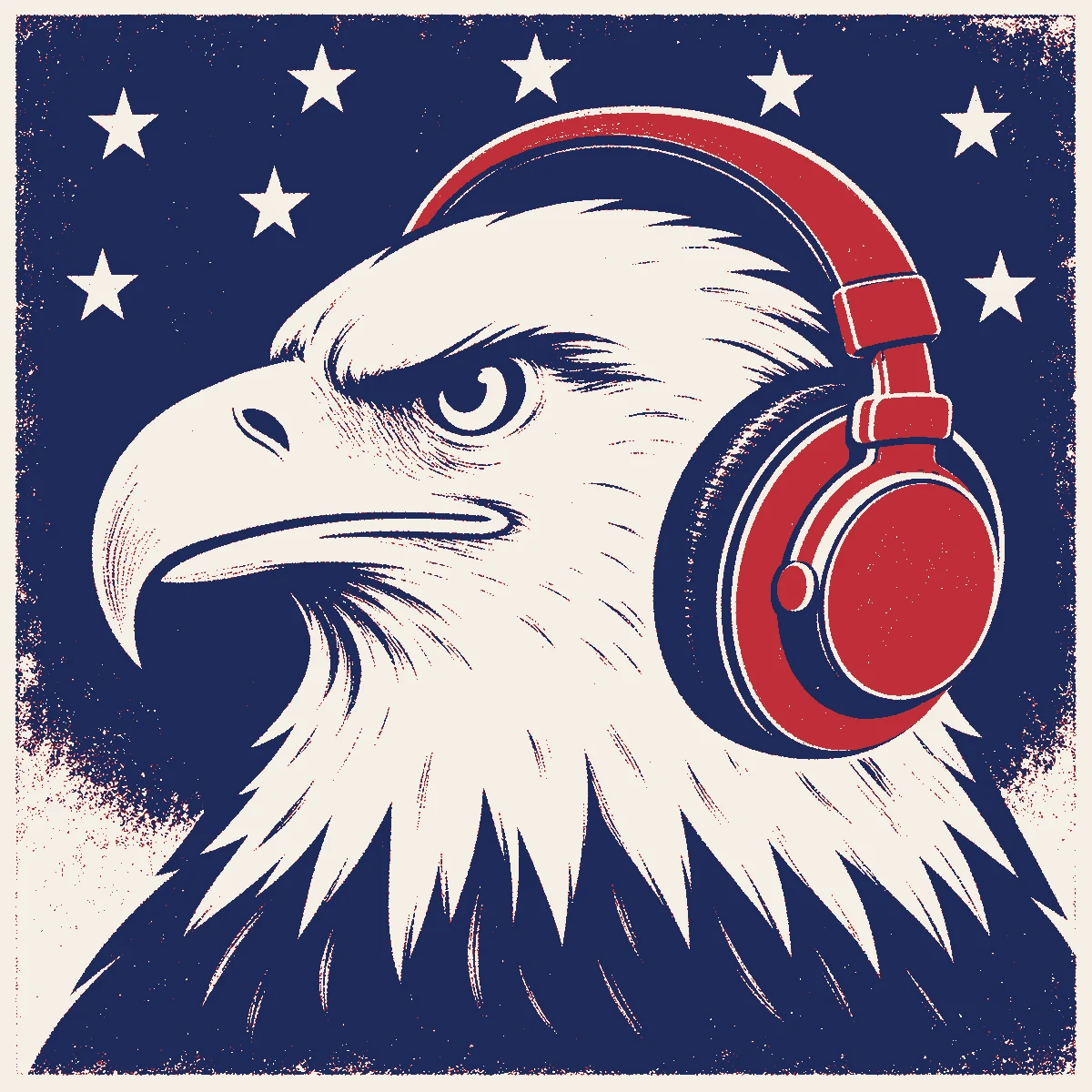 Poster of an eagle wearing studio headphones on a starred navy field