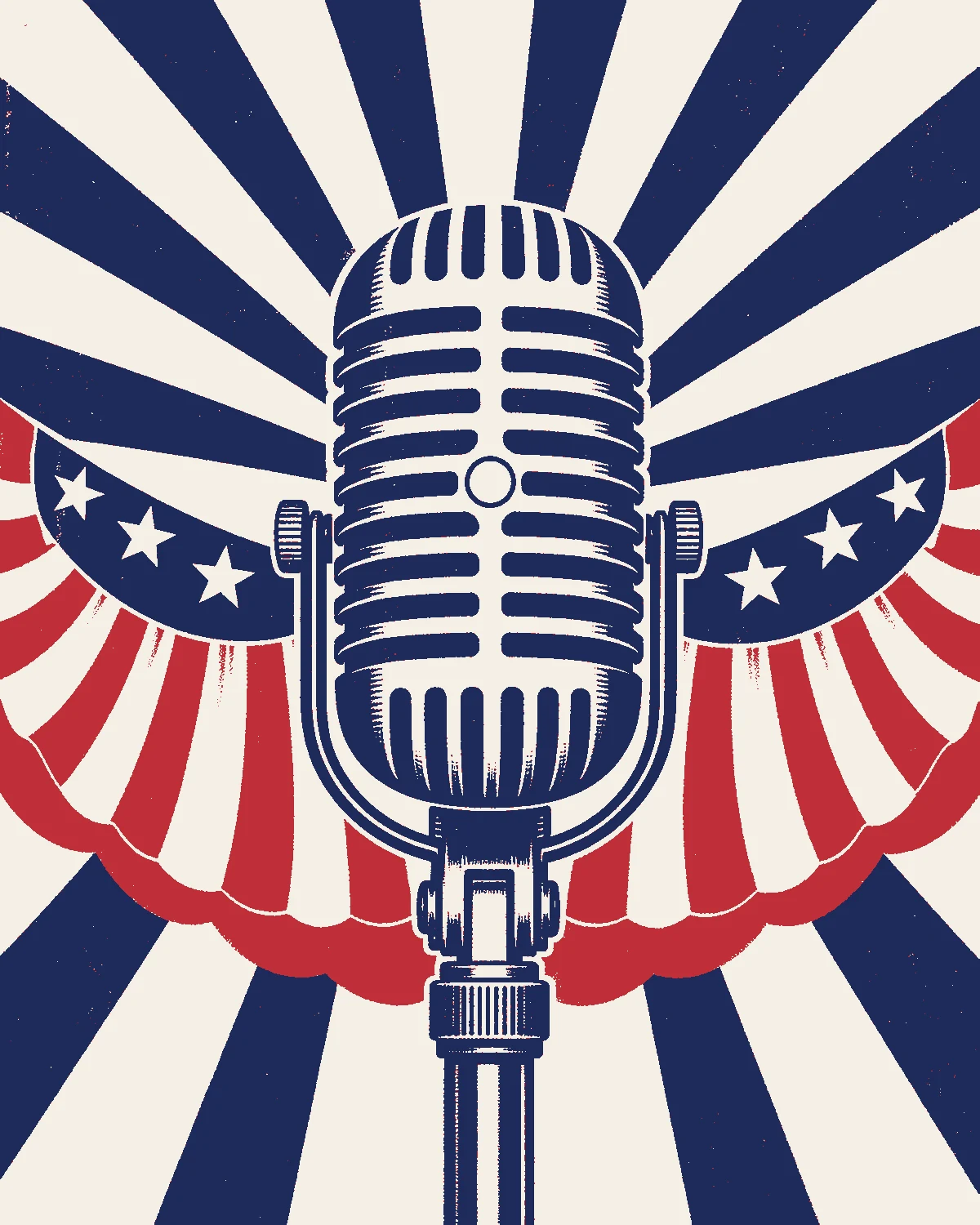 Poster of a vintage broadcast microphone with star-spangled bunting