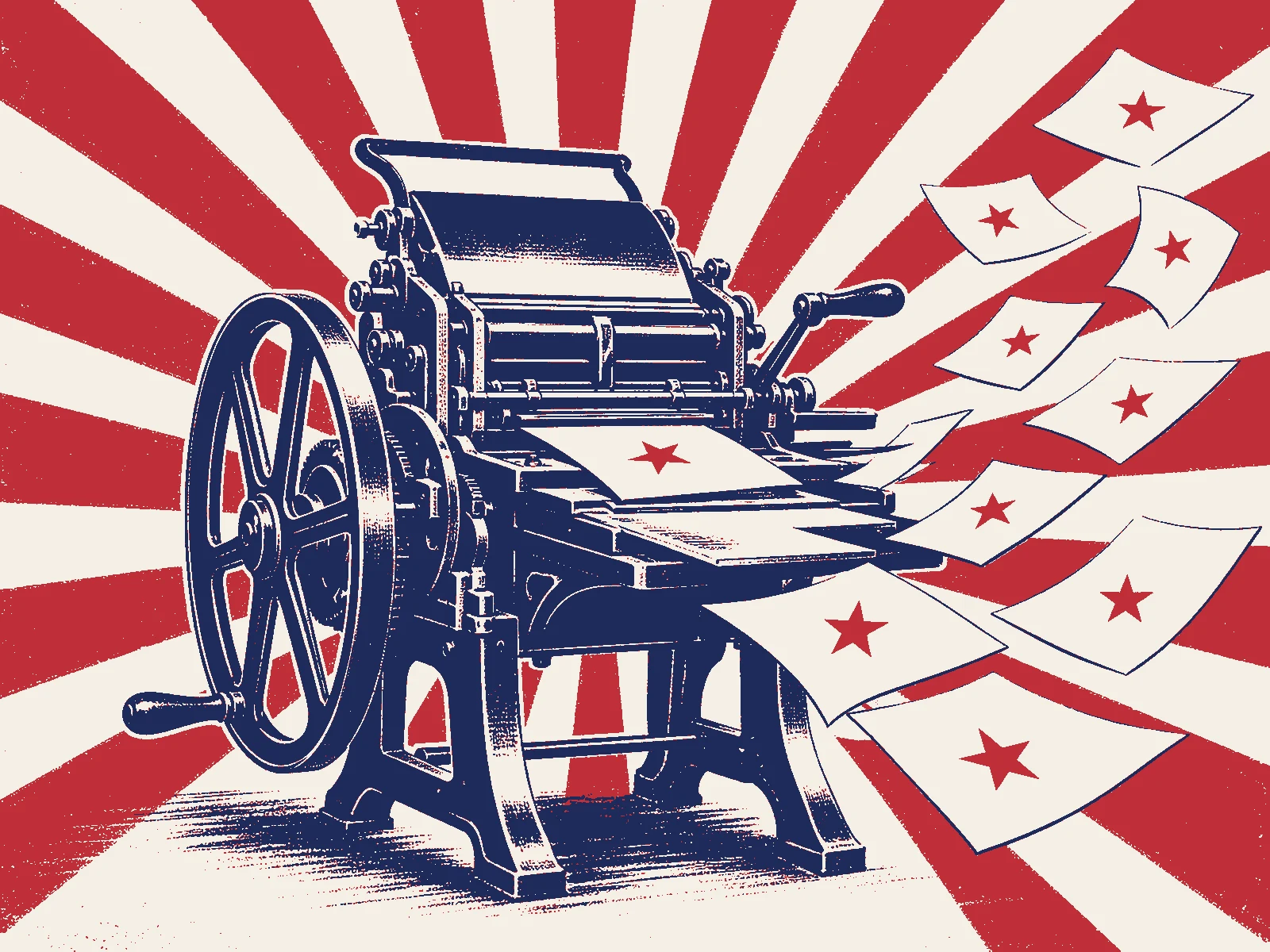 Poster of a vintage printing press with sheets flying out