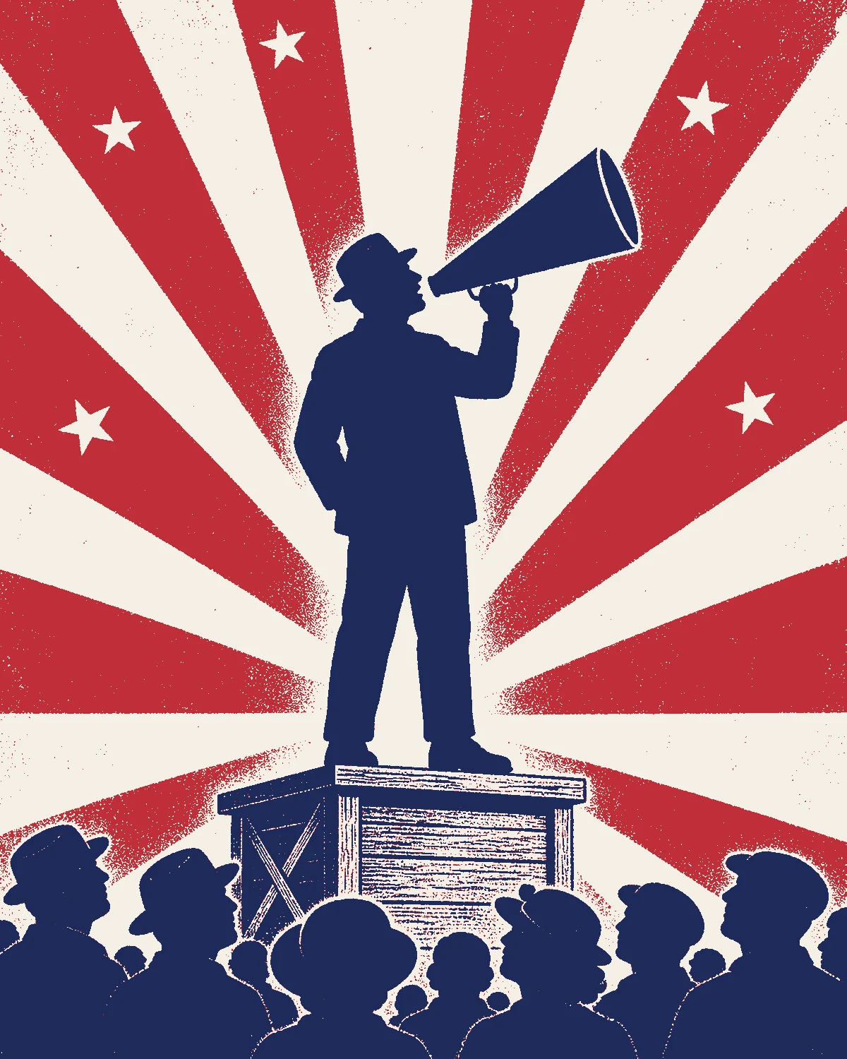 Poster of a speaker on a wooden soapbox with a megaphone, red and cream rays behind